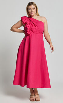 Dixie Midi Dress - Linen Look One Shoulder Ruffle Dress in Raspberry