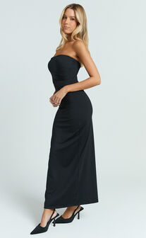 Natasha Midi Dress - Strapless Ruched Column Dress in Black