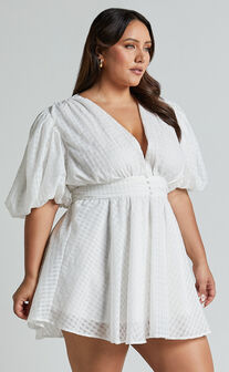 Xandy Mini Dress - Textured Puff Sleeve Plunge Dress in White