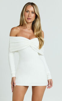 Rani Mini Dress - Off Shoulder Long Sleeve Bodycon Dress in Off White