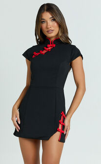Nadia Mini Dress - Cap Sleeve Mandarin Collar Jacquard  Fitted Dress in Red