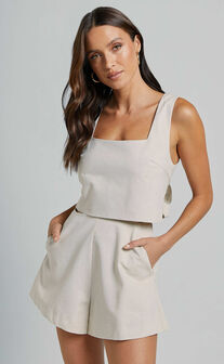 Salvador Two Piece Set - Linen Sleeveless Crop Top and High Waisted Tailored Shorts in Oatmeal