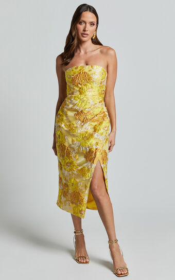 Brailey Midi Dress - Thigh Split Strapless Dress in Yellow Jacquard Showpo