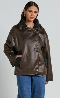 Matilda Jacket - PU Borg Collar Jacket in Brown