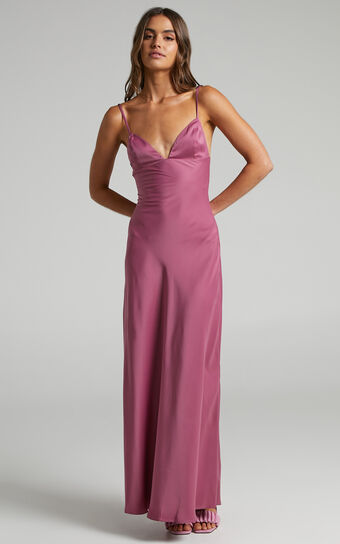 Cariela Midi Dress - Plunge Neck Satin Dress in Orchid