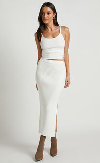 Andalucia Midi Skirt - Ribbed Side Split Skirt in Cream