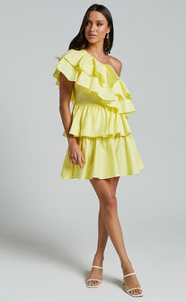 Flora Mini Dress - One Shoulder Tiered Dress in Sun Yellow
