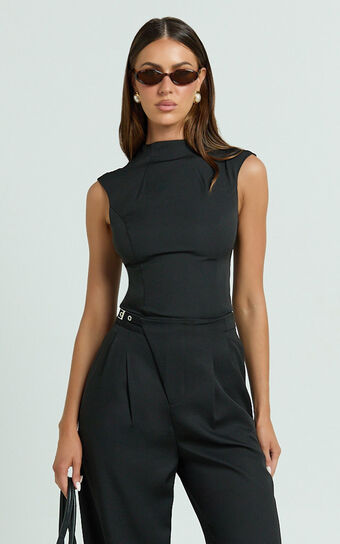 Paxton Top - High Neck Fitted Open Back Sleeveless Top in Black