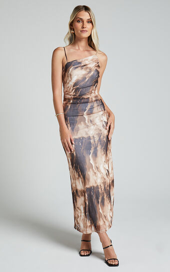 Aimee Midi Dress- Mesh one shoulder ruched dress in Brown
