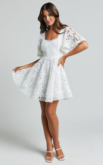 Marisole Mini Dress A Line Flutter Sleeve Lace in White Showpo Sale
