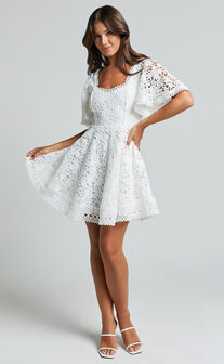 Marisole Mini Dress - A Line Flutter Sleeve Lace Dress in White