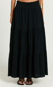 Ruby Midi Skirt - Shirred High Waist Cotton Tiered Skirt in Black