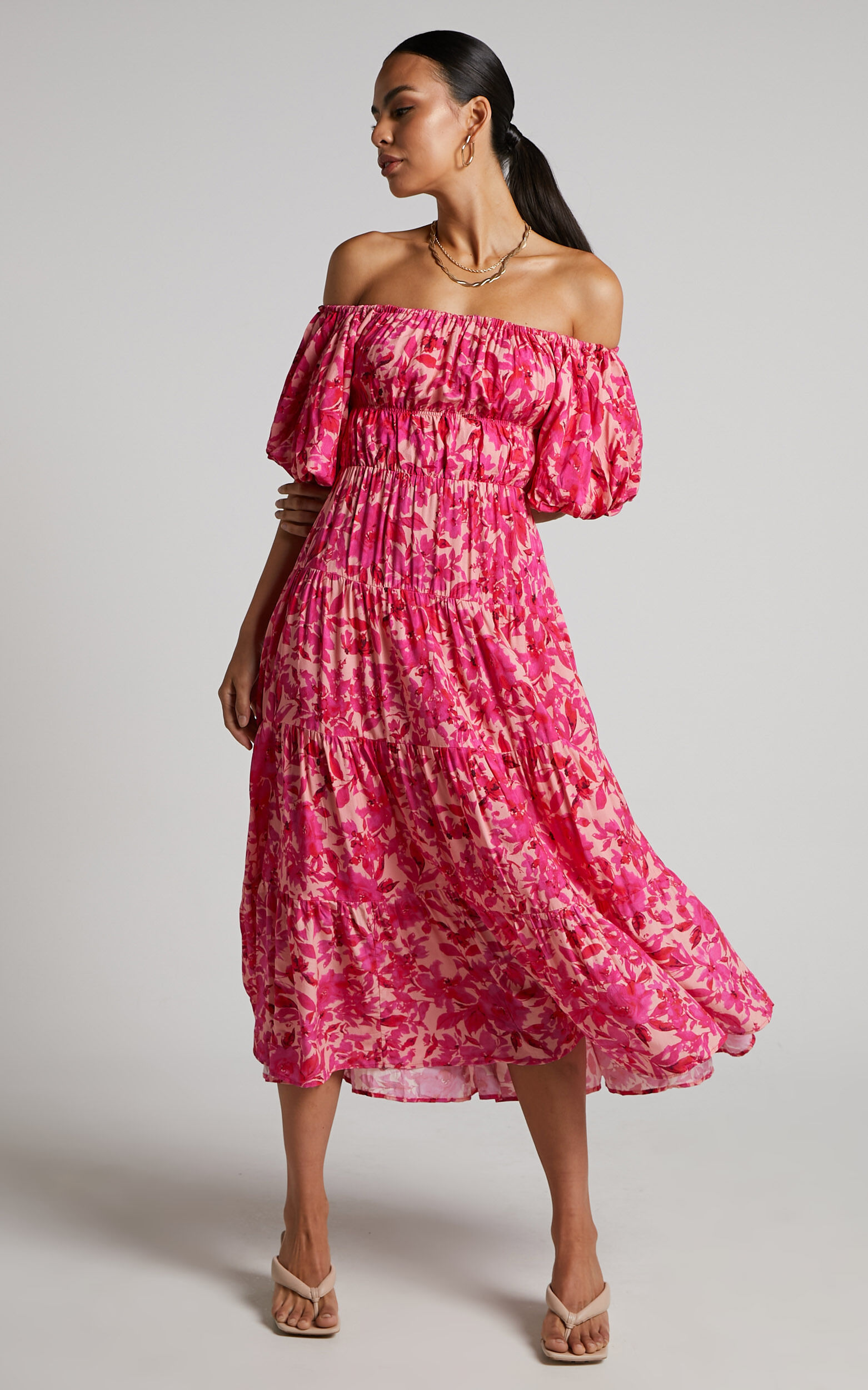 Pink floral off the shoulder dress clearance
