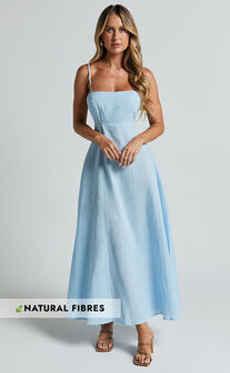 Brette Midi Dress - Linen Look Straight Neck Strappy Fit And Flare Dress in Blue
