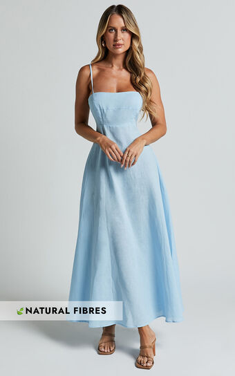 Brette Midi Dress - Linen Look Straight Neck Strappy Fit And Flare Dress in Blue
