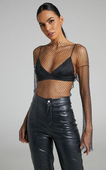 Charess Top - Diamante Mesh Long Sleeve Top in Black