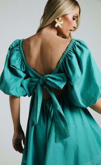 Amalie The Label - Hamyya Linen Blend Puff Sleeve Tie Back Babydoll Mini Dress in Moss