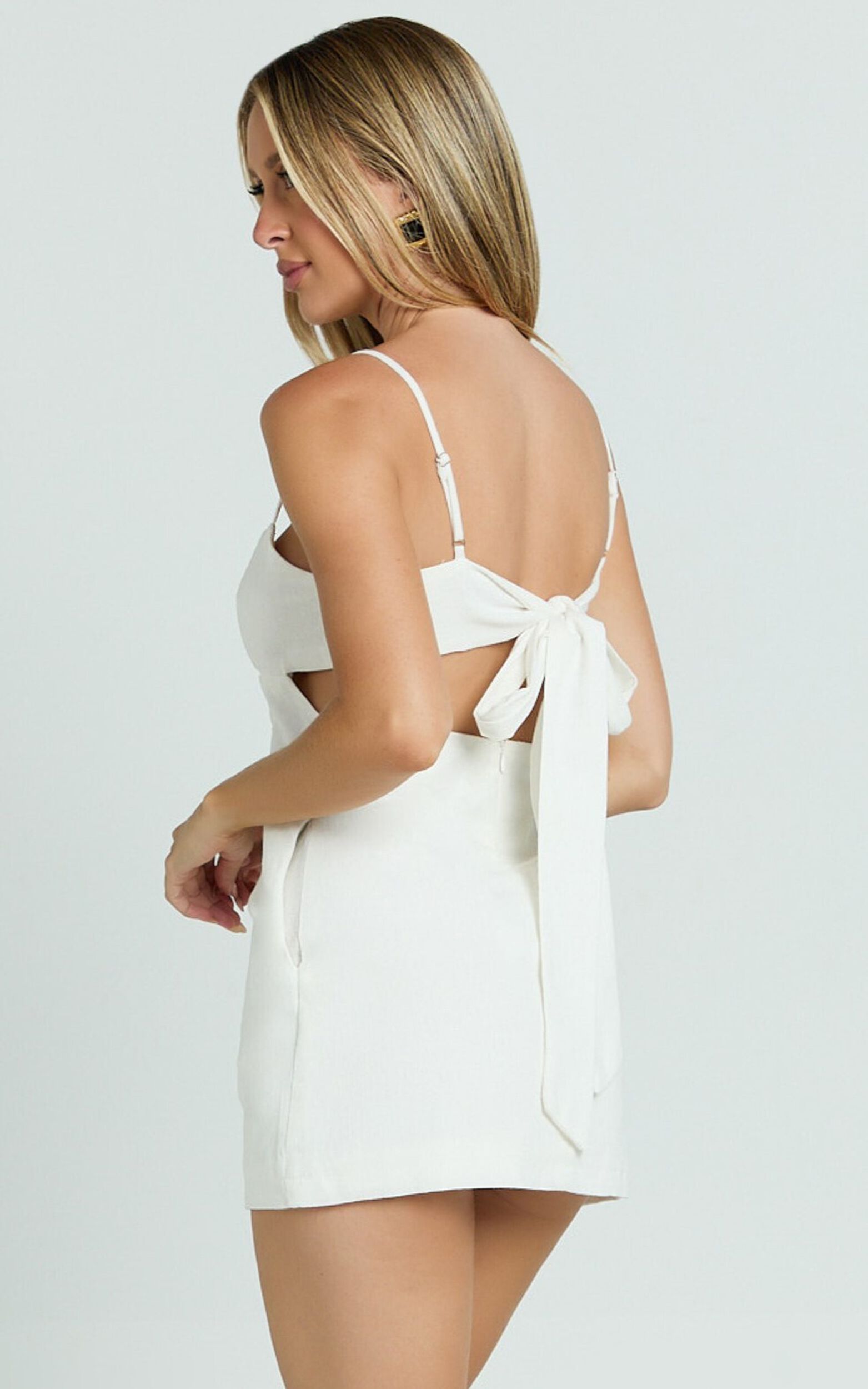 Lillith Mini Linen Blend Dress - Scoop Neck Tie Back Dress in Off White ...
