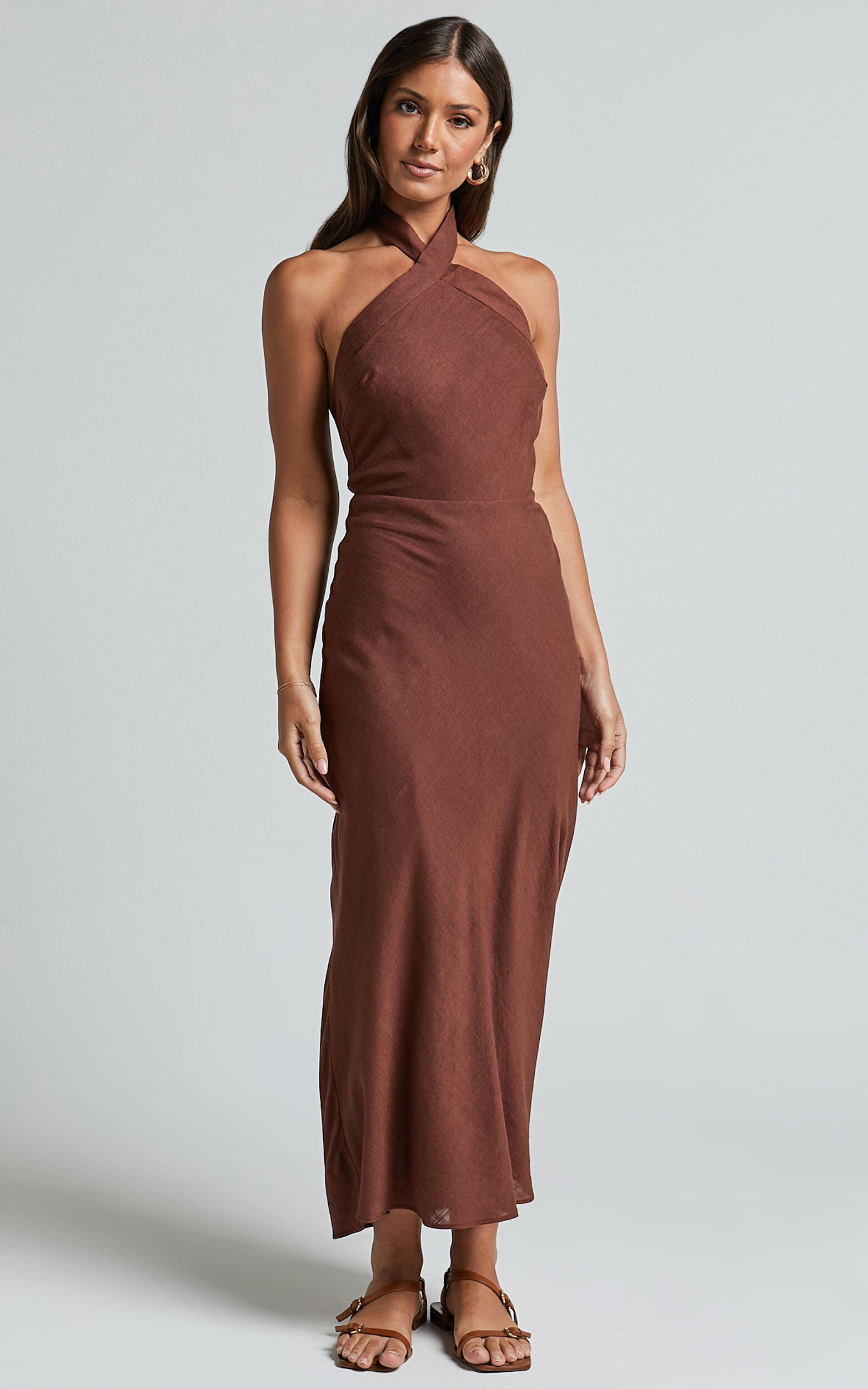 Maelynn Midi Dress - Linen Twist Halter Neck Low Back Slip