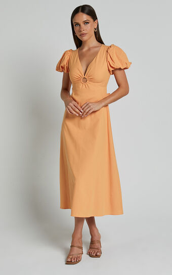 Cruz Midi Dress - Puff Sleeve Ring Cut Out Dress in Sherbet