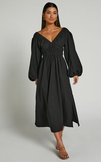 Tori Midi Dress - Linen Look Shirring V Neck Long Balloon Sleeve Dress in Black