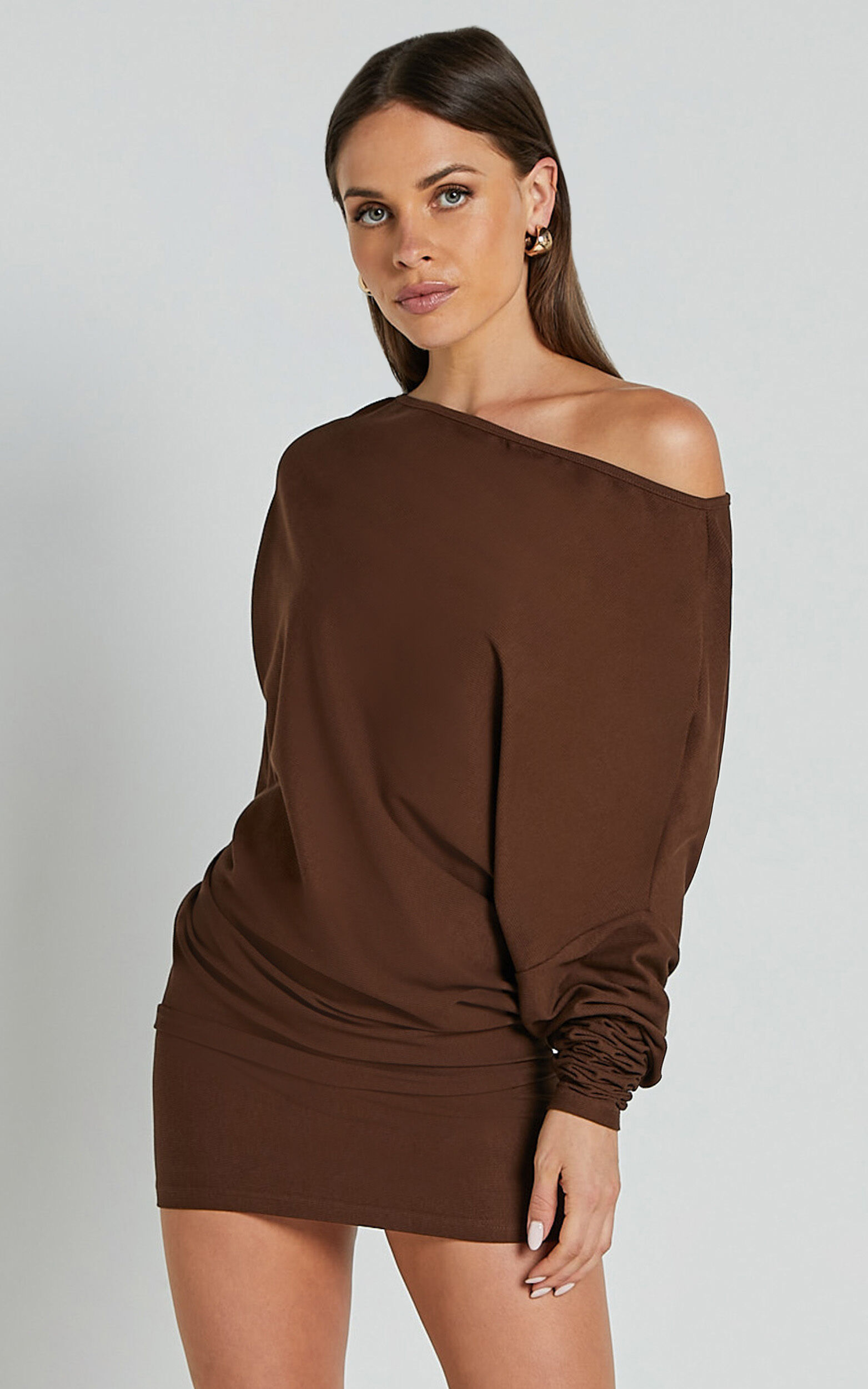 Fermina Mini Dress Long Sleeve Bodycon Dress in Chocolate Showpo USA