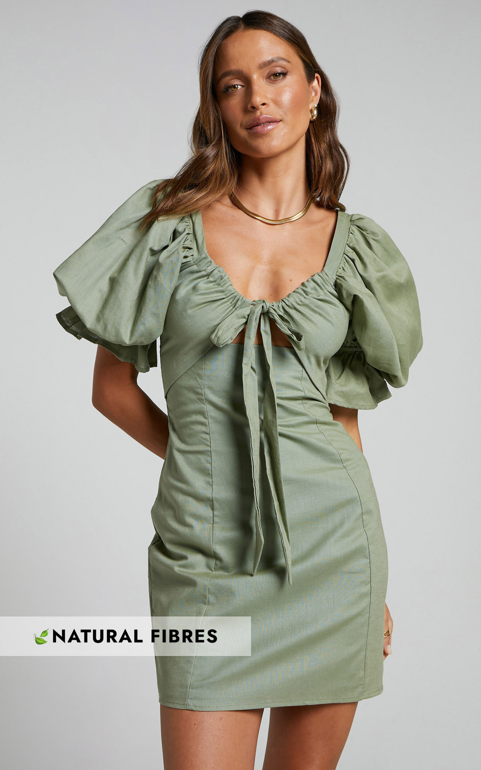Amalie The Label - Dessie Linen Blend Tie Front Open Back Puff Sleeve Mini Dress in Khaki - 06, GRN1