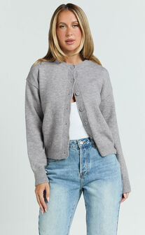 Lucille Cardigan - Button Through Scoop Neck Knit Cardigan in Grey