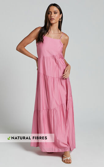 Cecila Midi Dress - Straight Neckline Sleeveless Dress in Pink