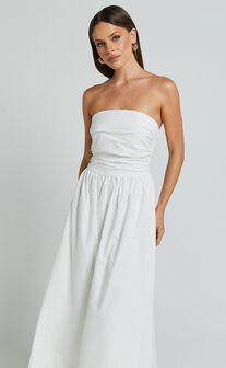 Polly Midi Dress - Strapless Ruched Dress in White