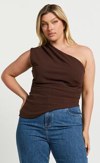 Amal Top - Asymmetrical One Shoulder Gathered Top in Chocolate