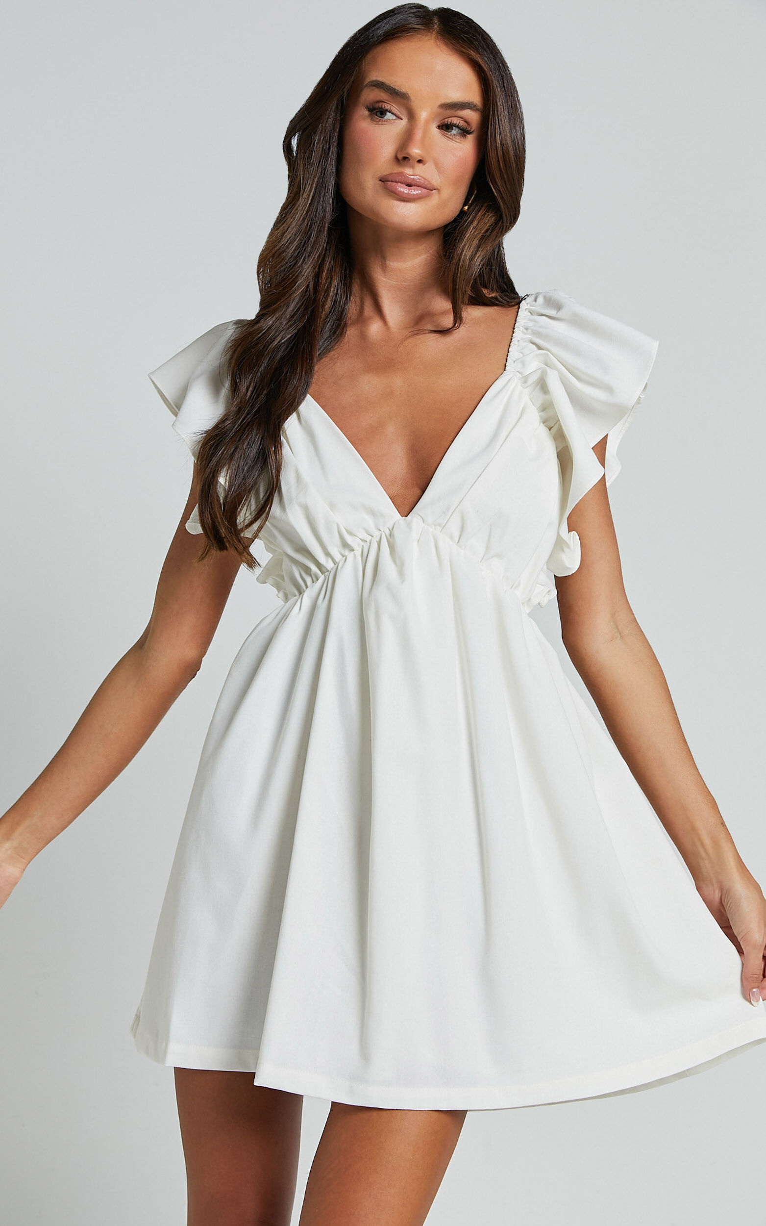 Raiza Mini Dress - Ruffle Sleeve Tie Back Plunge Dress in Off White | Showpo