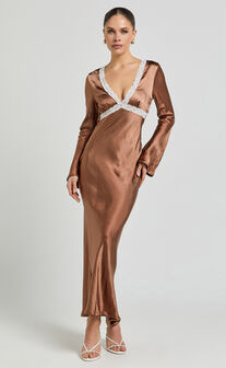 Carmela Midi Dress - Long Sleeve V Neck Lace Detail Dress in Chocolate