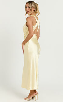 Aluna Midi Dress - High Neck Cross Back Satin Slip Dress in Lemon