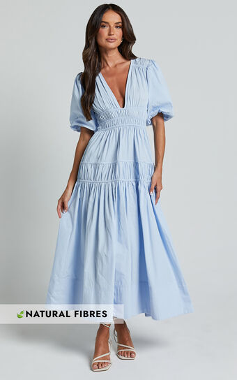 Mellie Midi Dress Puff Sleeve Plunge Tiered in Soft Blue Showpo Australia