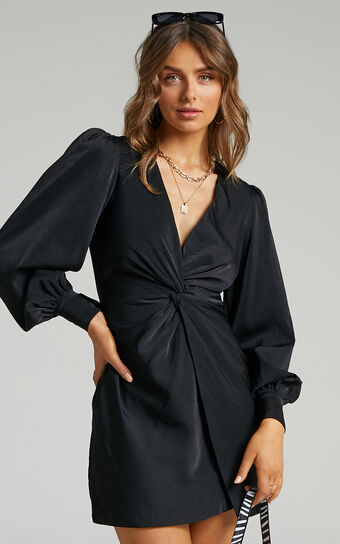 Billie Mini Dress - Twist Front Long Puff Sleeves Dress in Black