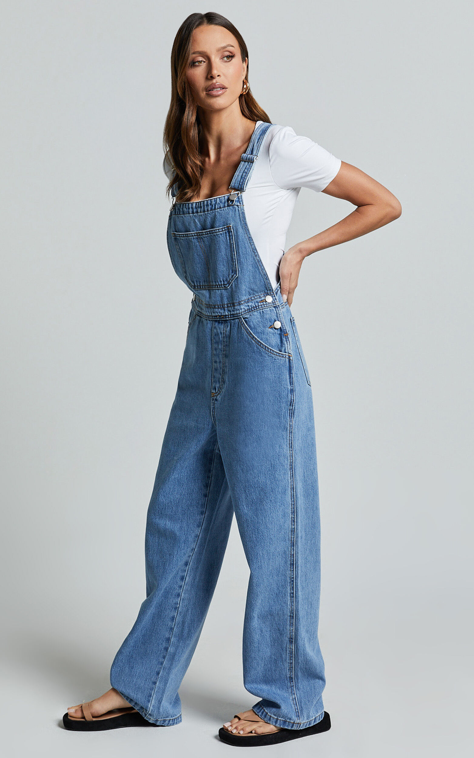 Brixton Jumpsuit Straight Leg Denim Overalls in Mid Blue Wash