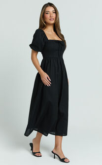Quinn Midi Linen Blend Dress - Puff Sleeve Square Neck Dress in Black