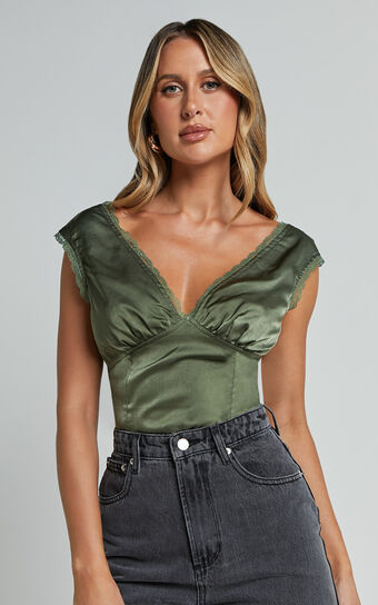 Gloria Top - V Neck Lace Detail Cap Sleeve Top in Sage