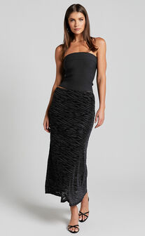 Frankie Midi Skirt - Burn Out Velvet High Waisted Slip Skirt in Black