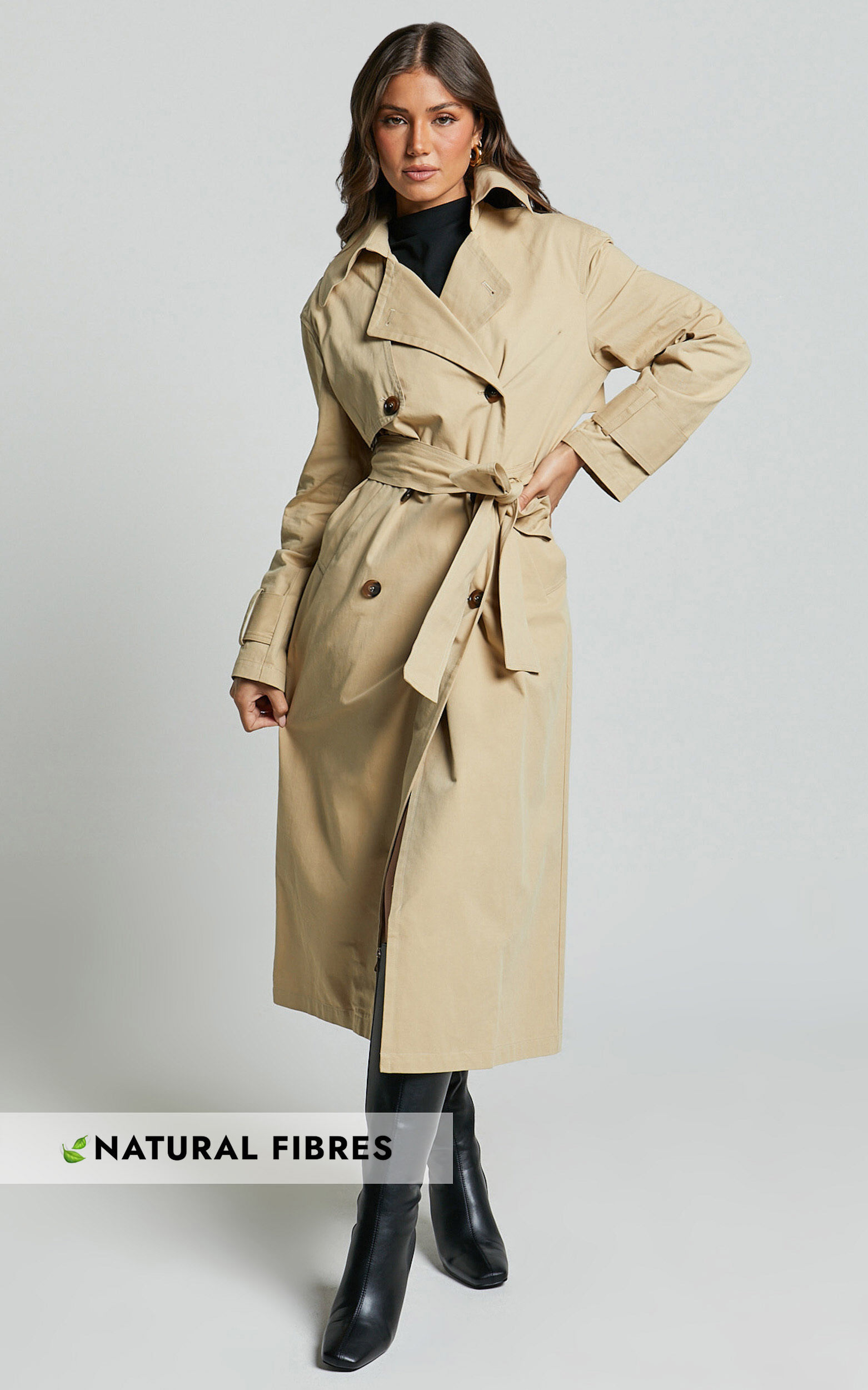 Avah Trench Coat - Double Breasted Tie Waist Coat in Camel | Showpo