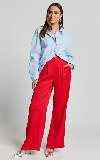 Jacie Pants - High Waisted Relaxed Textured Pants in Red