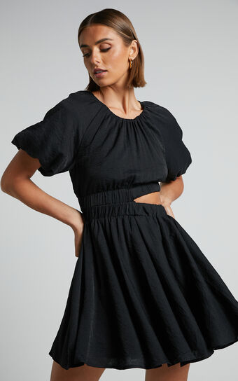 Hadley Mini Dress - Puff Sleeve Cut Out Dress in Black