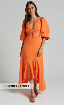 Djibouti Midi Dress - Puff Sleeve Cut Out Dress in Orange