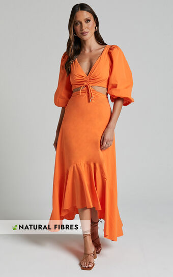 Djibouti Midi Dress - Puff Sleeve Cut Out Dress in Orange