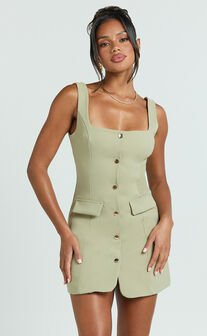 Kenna Mini Dress - Square Neck Button Down Mini Dress in Sage