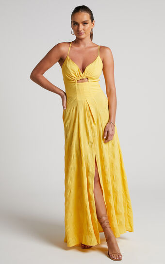 Marisse Maxi Dress - Cut Out Front Split Cross Back Textured Dress in Yellow