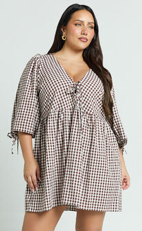 Rosita Mini Dress - Tie Front Puff Sleeve Dress in Brown and White Check