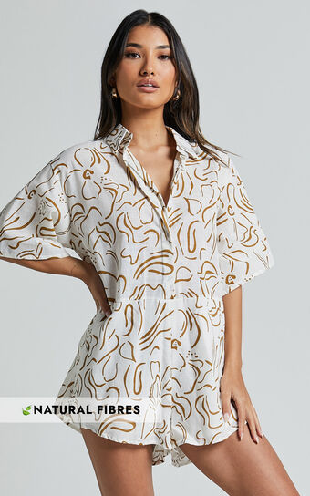 Courtney Playsuit - Short Sleeve Relaxed Button Front Linen Look Feel Playsuit in Cream and Choc Swirl