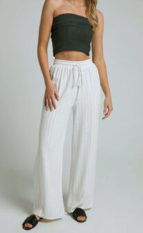 Barbra Pants - Pinstripe Linen High Waisted Relaxed Pants in White Stripe